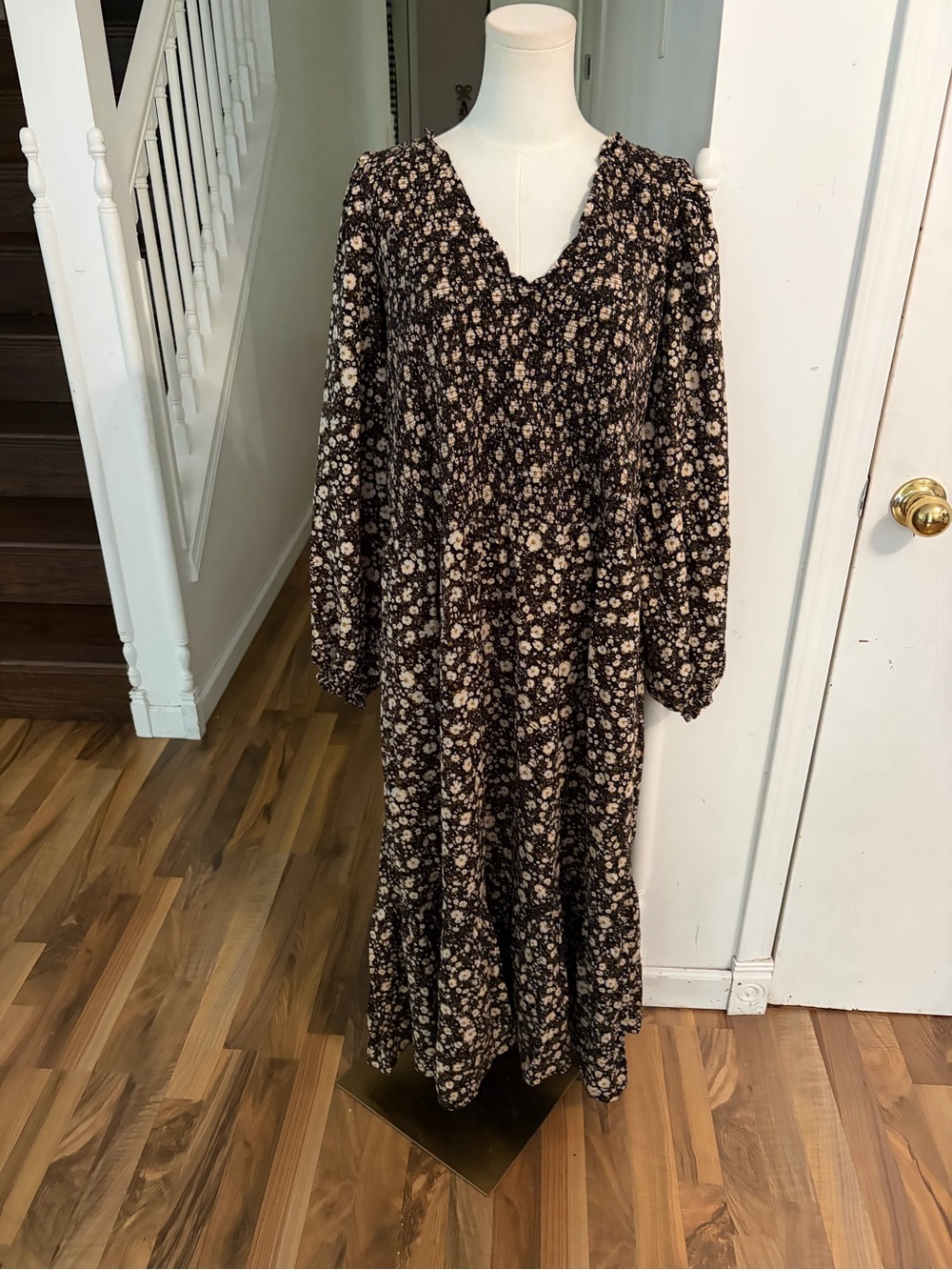 Fall Cottagecore Black Floral Smocked Maxi Dress Cream Dainty Floral, 4X